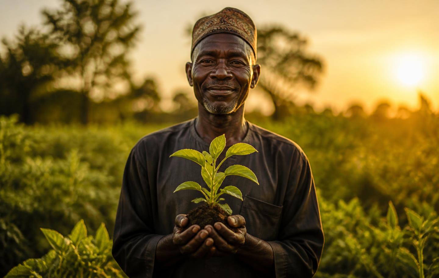 African farmer holding a young seedling at sunset